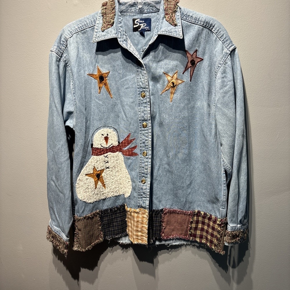 Vintage Button Down Denim Shirt Snowman Embroidered Patchwork Americana‎ SzS